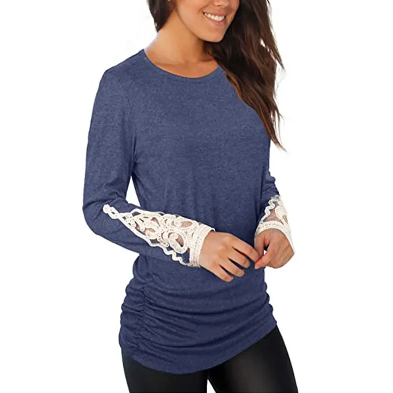 Európske a Americké nové módne zabezpečovacie kolo krku skladaný čipky šitie dlhým rukávom T-shirt ženy Pevný Pletený Bežné