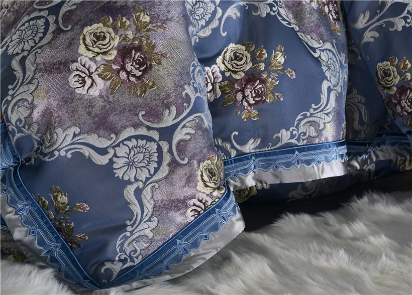 Európsky Štýl Luxusné Royal posteľná bielizeň nastaviť Kvety Kvetinové Výšivky Modrá Perinu Hodvábny Satén Posteľ sady Kráľovná King size Posteľ nastaviť