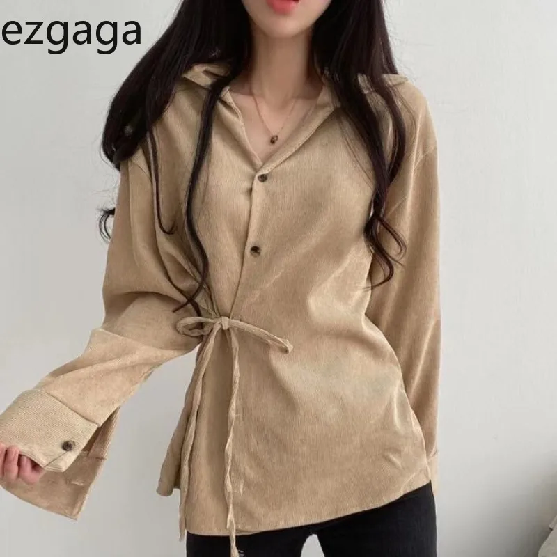 Ezgaga Čipky Košele Ženy 2020 Jeseň Kórejský Štíhly Pás Tlačidlo Pevné, Elegantné Zase Dole Golier Dámy Módne Topy Streetwear