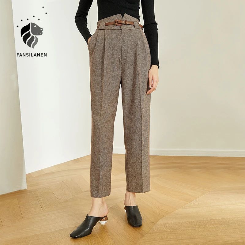 FANSILANEN Skladaný bežné streetwear nohavice Ženy vysoký pás rovno oblek nohavice capri Office lady pás voľné elegantné nohavice