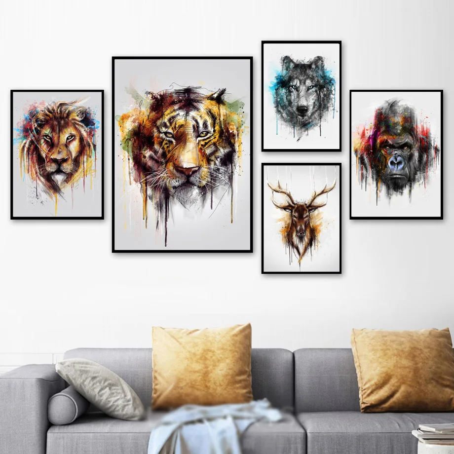 Farba Lev, Tiger, Vlk Jeleň Gorila Wall Art Plátno Na Maľovanie Nordic Plagáty A Tlač Zvierat Obrazov Na Stenu Obývacia Izba Dekor