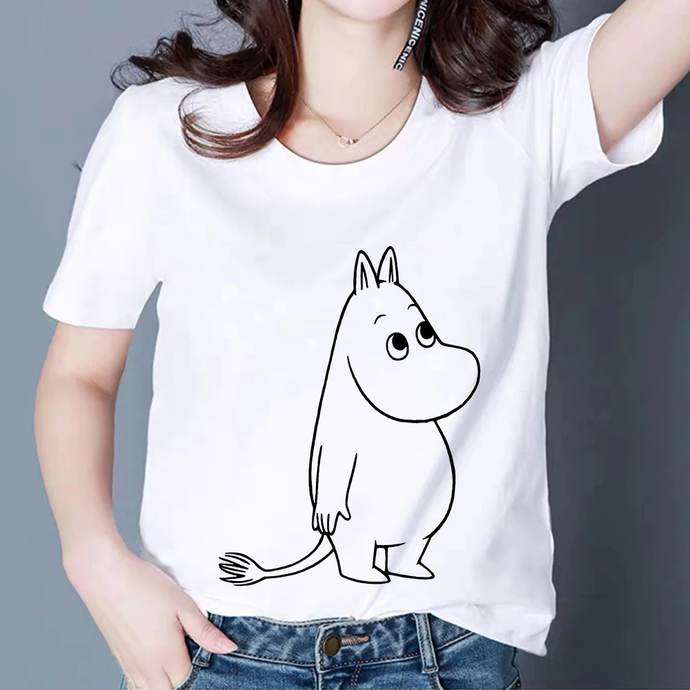 Femme kórejský Štýl Móde Nádherné Tričko T-shirt Zábavné tričká Lumbálna Grafický Hornej Tee Ženy Harajuku Moomins Vestidos Tričko