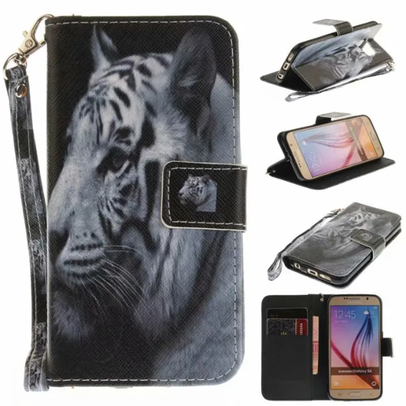 Flip Peňaženky obal Pre Samsung Galaxy S6 Prípadoch Coque Zvierat Vlk Sova Tiger, Lev Maľované PU Kožené Telefón tašky príslušenstvo Kryt