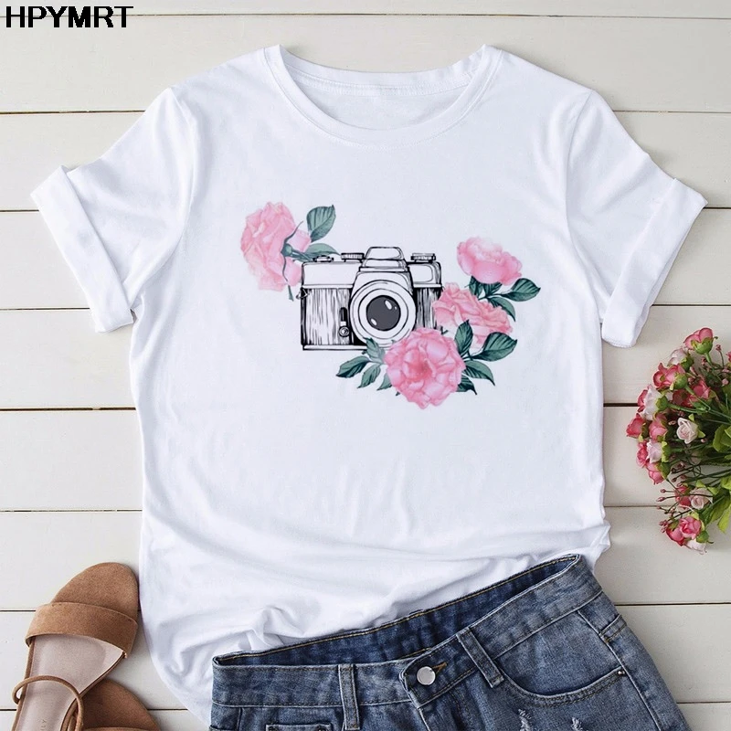 Fotoaparát kvet Print T Shirt Ženy 2020 Nové Letné Páry, Milenci, Žena T-Shirt Harajuku Bežné Biele Topy Tričko femme oblečenie