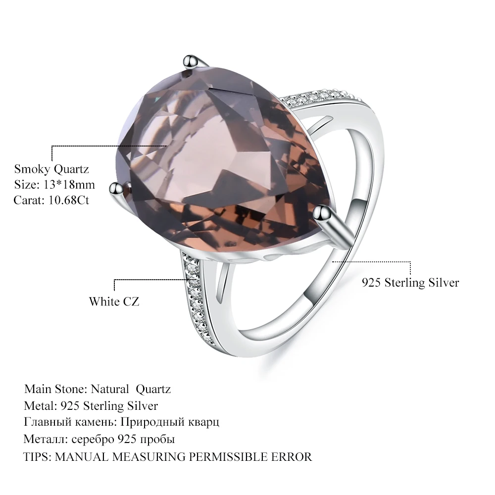 Gem Balet 10.68 ct Prírodné Údená Quartz Drahokam Koktail Prstene Pre Ženy 925 Sterling Silver Zásnubný Prsteň Jemné Šperky