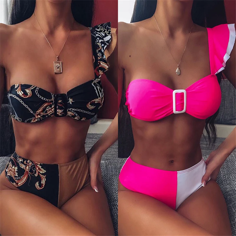 GNIM Jedného Pleca Prehrabať Bikini Mujer 2019 Vysoký Pás Plavky Ženy Push Up Brazílske Plavky Žena Dva Kusy Biquini Nastaviť