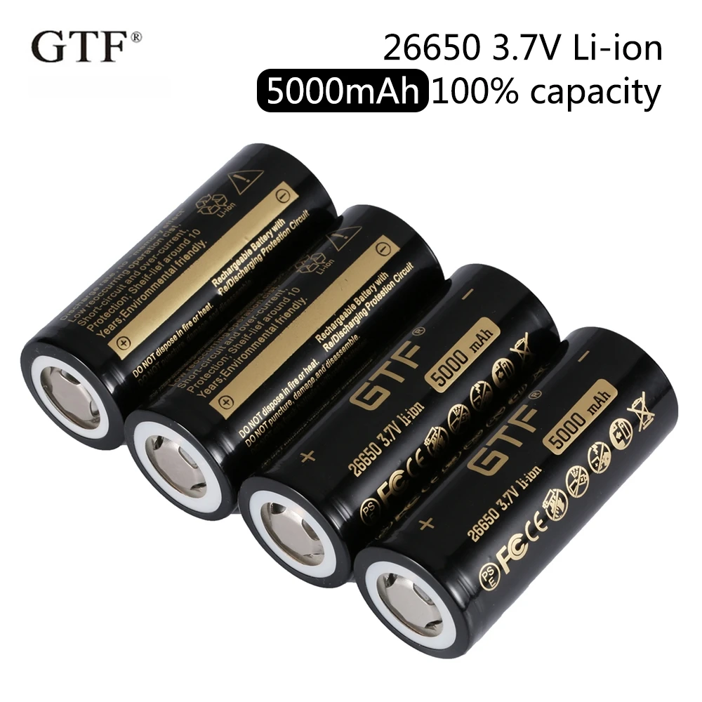 GTF 26650 3,7 V 5000mAh skutočná kapacita Li-Ion Nabíjateľná Batéria pre Baterku UPS záložný zdroj napájania s plochou hlavou batérie
