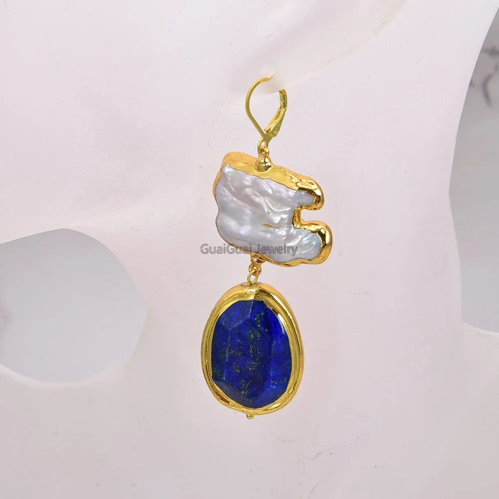GuaiGuai Šperky Umelé Biele Keshi Pearl Modrá Lapis S Pozlátené Páky Späť Náušnice