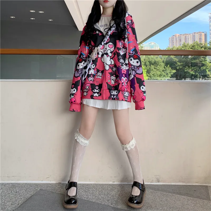 Harajuku Streetwear Roztomilý Kuromi Kabát Cartoon Plus Veľkosť Zips Bunda S Kapucňou Ženy Handričkou Japonskom Štýle Sladkých Dievčat, Vrchné Oblečenie