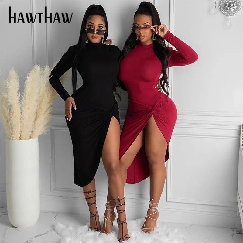 Hawthaw Ženy Jeseň Zima Dlhý Rukáv Soild Farba Strany Klubu Bodycon Otvoriť Vidlica Split Šaty 2020 Klesnúť Oblečenie, Streetwear