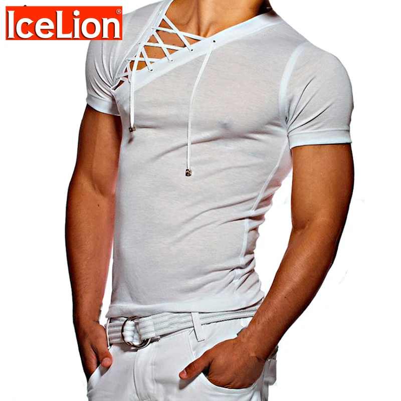 IceLion 2021 Nové Letné Šnúrkou T Shirt Mužov Krátkym Rukávom Tenký Fitness T-shirt Módne Bežné Pevné Slim Fit pánske Tričko