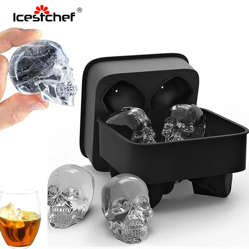 ICESTCHEF 4 Lebky Formy Ľadu 3D Silikónové Formy Na Ice Cream Whisky Víno Koktail Lebky Ice Cube Silikónové Formy