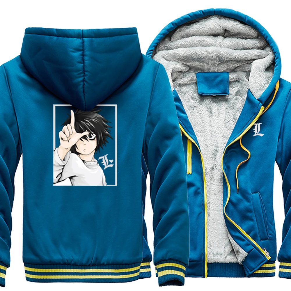 Japonsko, Anime Death Note, Tlačené Hrubé Bunda na Zips, Hip Hop Streetwear Teplý Kabát Módne pánske Kapucňou Zime Chladný Muž Hoodies
