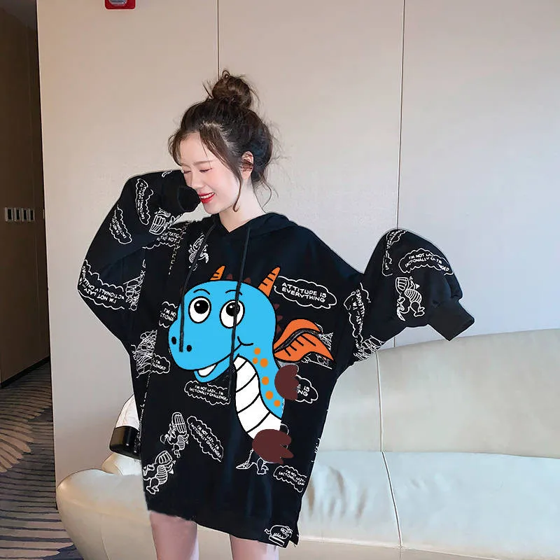 Japonský Fleece Mikiny Cartoon Dinosaura Vytlačené Mikina dámske Oblečenie Sladké Kapucňou Šnúrkou Pulóver Výšivky Hoodies