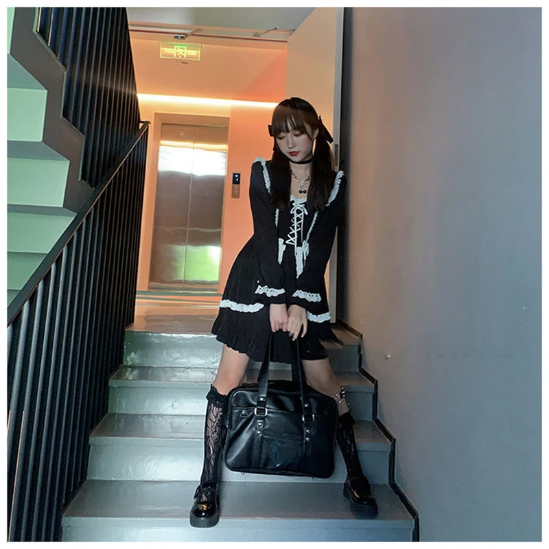 Japonský Gothic Lolita Šaty Kawaii Čipky Čipky Luk Sweety Volánikmi Šaty Mäkké Dievča Harajuku Lístkového Rukávom Čierne Šaty Ženy Šaty