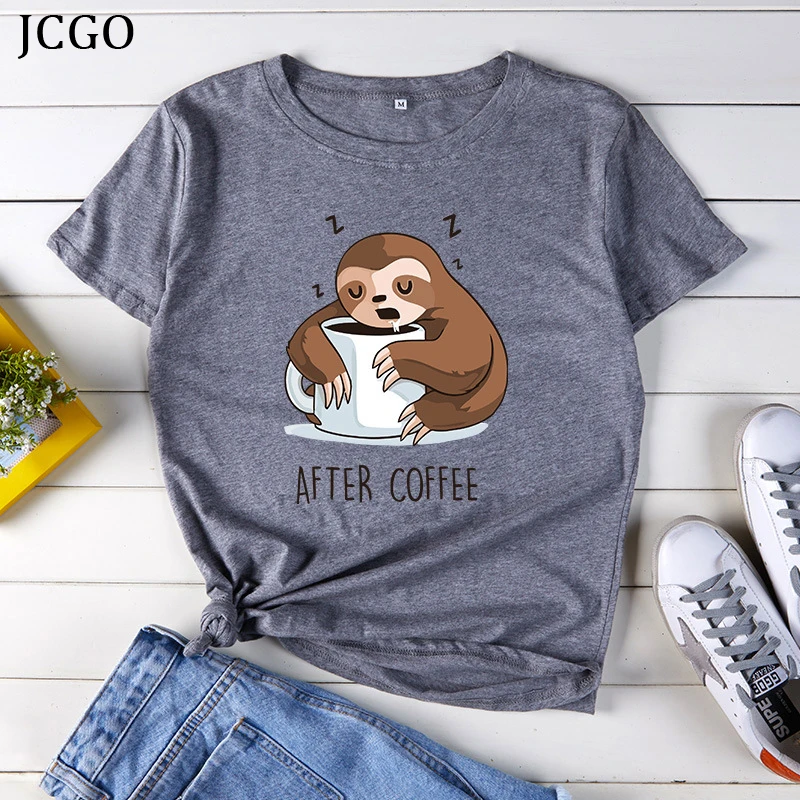 JCGO Lete Ženy tričko Bavlna Plus Veľkosť 5XL Krátke Vtipné Kávy Leňoch Lenivý Tlač Žena Bežné Žena t-shirt Top Tees