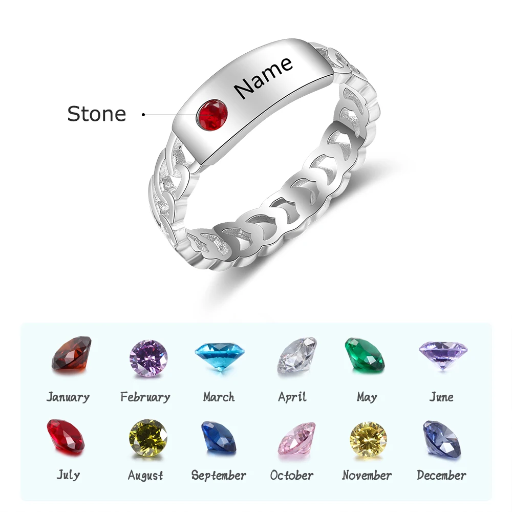 JewelOra Prispôsobené 12-Mesačného Birthstone Prstene pre Ženy, Strieborná Farba Prispôsobené Rytie Názov Krúžku darček pre Priateľku