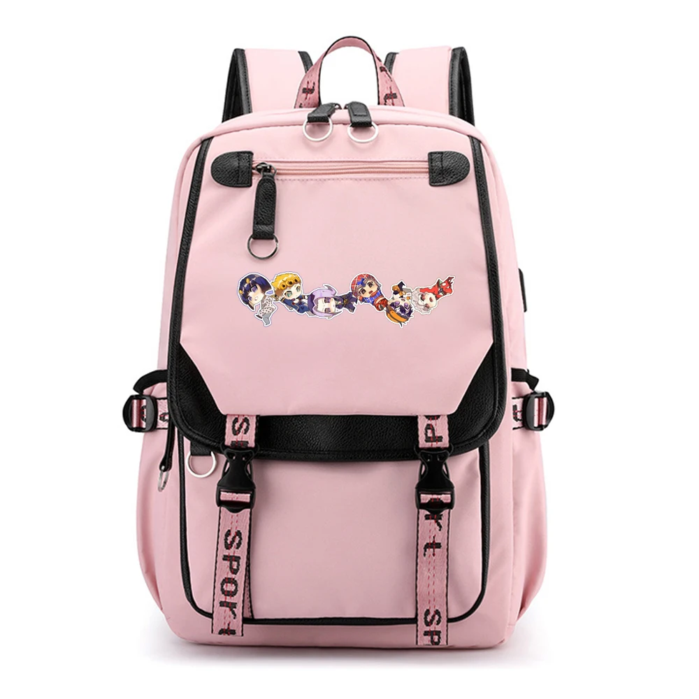 Jo Jo je Bizarné Dobrodružstvo Ženy, Ružová Späť Pack Nylon Školské Tašky Ružová Bookbag Veľké Cestovný Batoh USB Nabíjanie Notebooku Bagpack