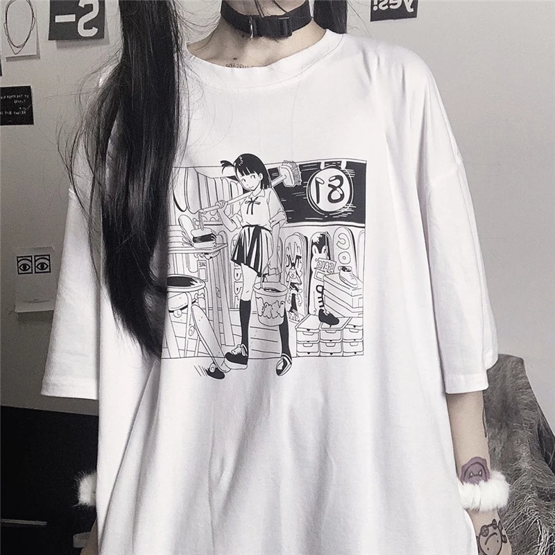 Kawaii Biele Tričko s Krátkym Rukávom Letné Japonské Anime Harajuku Graphic Tee pre Ženy, Dámy Tshirt Ulzzang kórejský Šaty, Topy