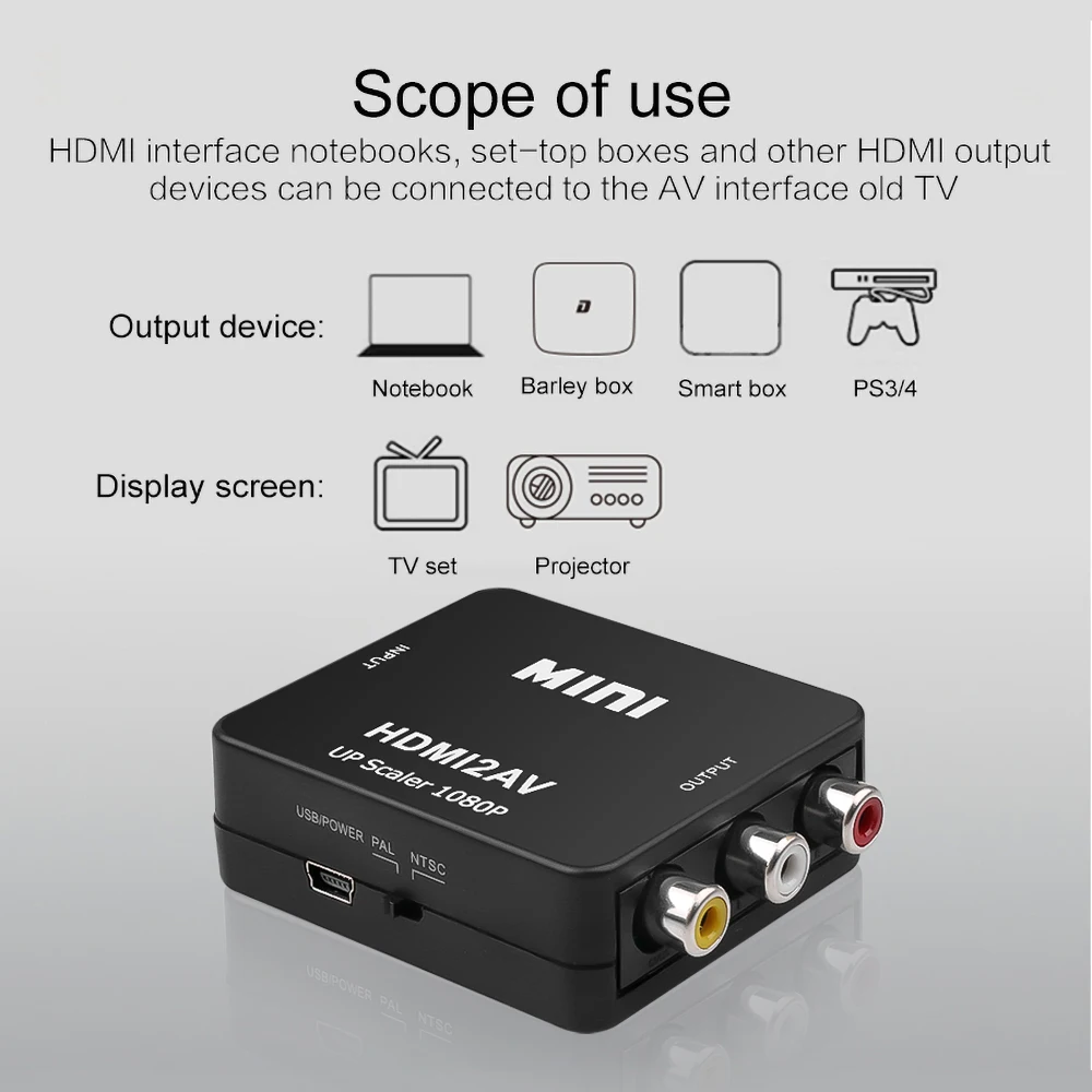 Kebidu Mini HD 1080P 2AV Video Converter Box kompatibilný s HDMI RCA AV/CVSB L/R-Video Podpora NTSC, PAL Výstup NA AV Adaptér