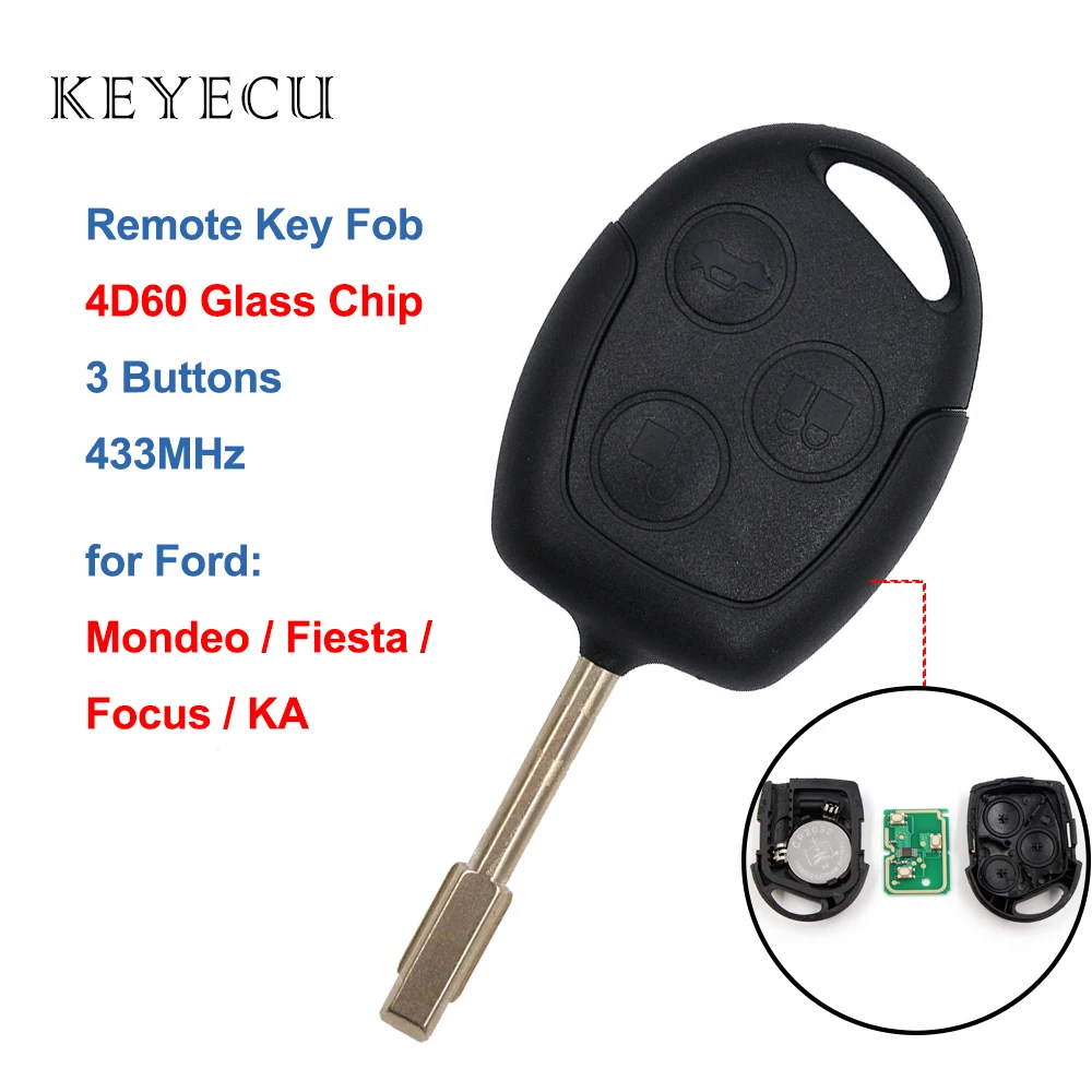 Keyecu Náhradné Diaľkové príveskom, 3 Tlačidlá 433Mhz 4D60 Sklo Čip pre Mondeo Focus Fiesta KA, Auto Kľúč s Uncut FO21 Čepeľ