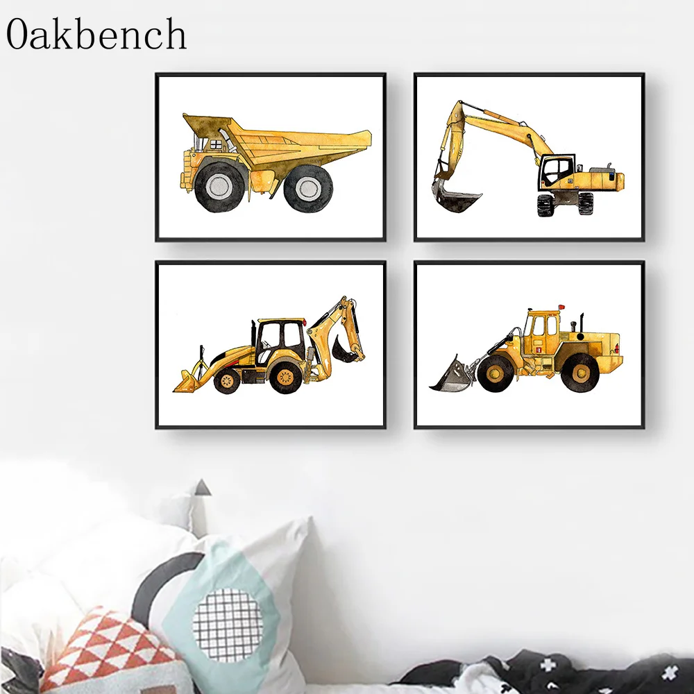 Konštrukcia Vozidla Chlapci Plátne, Plagát, Žltá Dump Truck Bager Škôlky Tlač Maľovať Obrázky Pre Deti Izba Domova