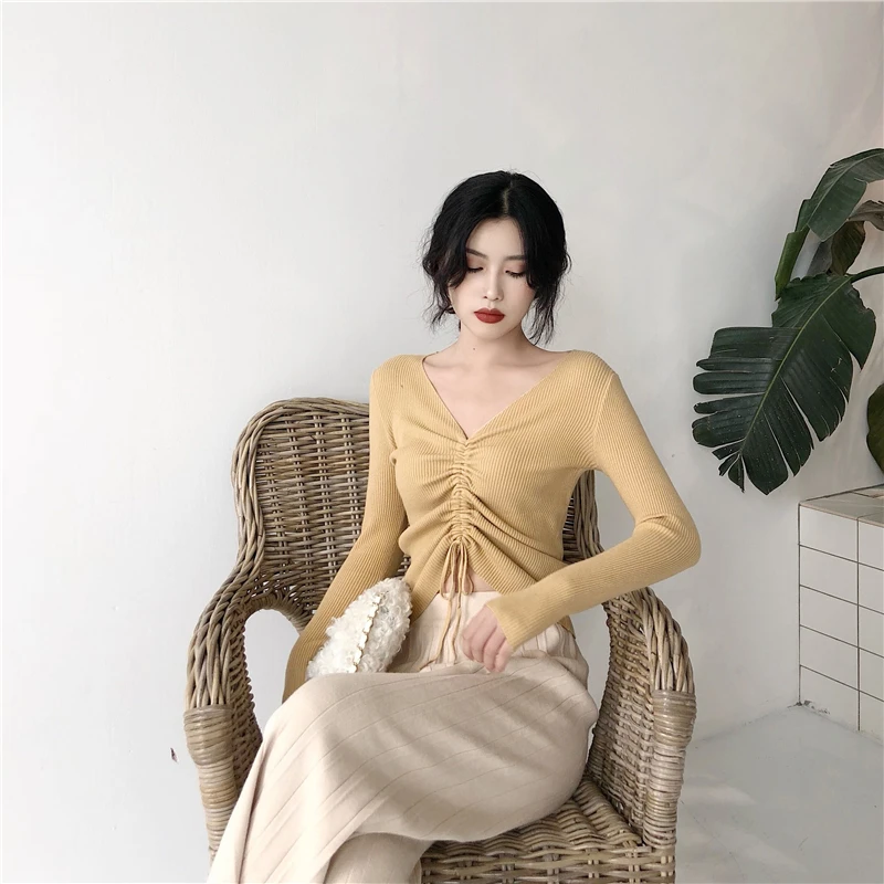 Košele Ženy 2019 Harajuku Plodín Top Dlhý Rukáv , Streetwear Žena Oblečenie Kórejské Oblečenie , Pletené Pevné V-Neck T Shirt