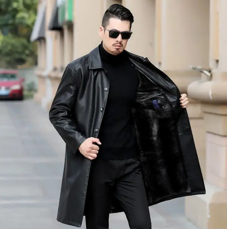 Kožušiny golier kožené kabáty mužov dlhá srsť pánske kožené výkopu coats jeseň zimné módne čierne bežné otec nosiť oblečenie, M - 4XL