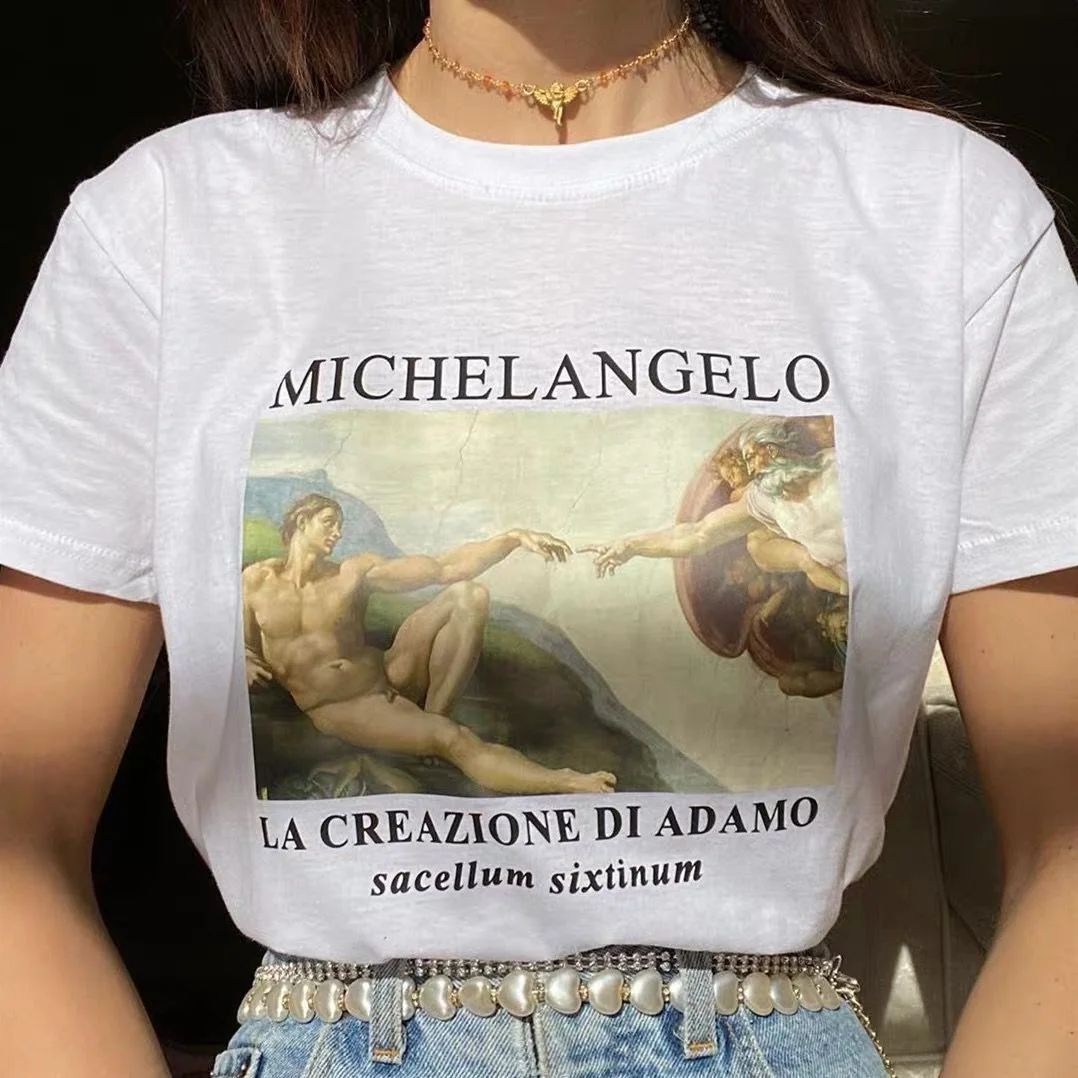 Kuakuayu HJN Michelangelo Cappella Sistino Tričko Harajuku Ulzzang Tumblr T Shirt Ženy T-shirt Kawaii T Shirt Dámske Tričká