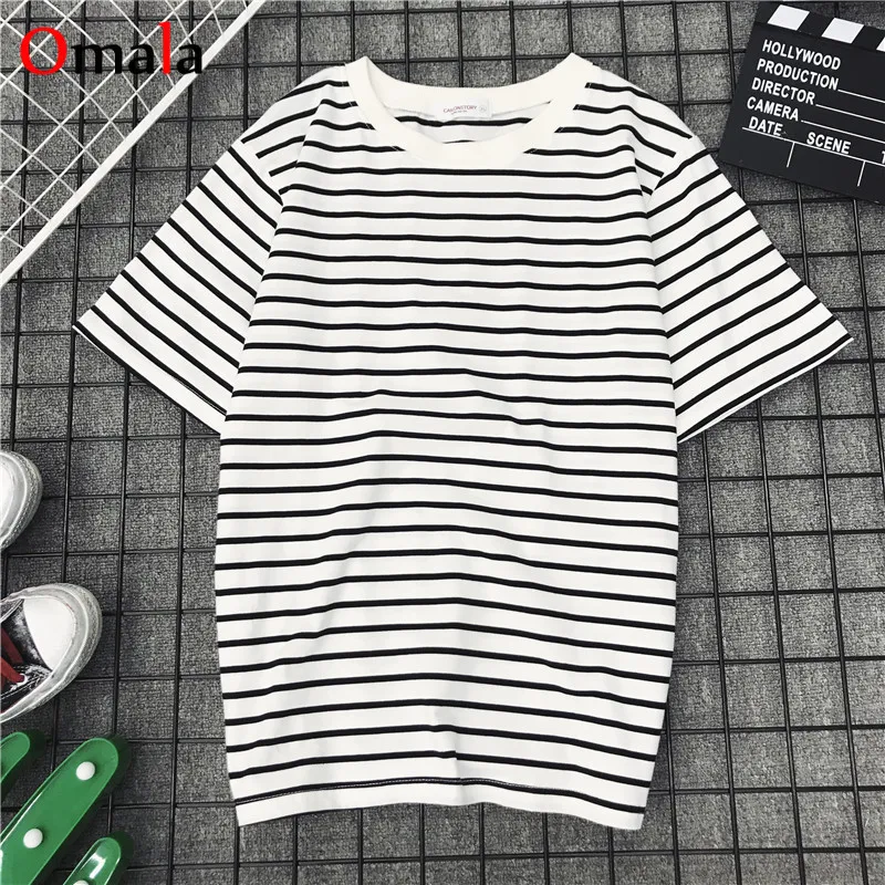Kórejský O-krku čierne biele Tričko Ženy Harajuku Pruhované Tričko Topy Letné Voľné Bežné Krátke Sleeve T-shirts camiseta feminina