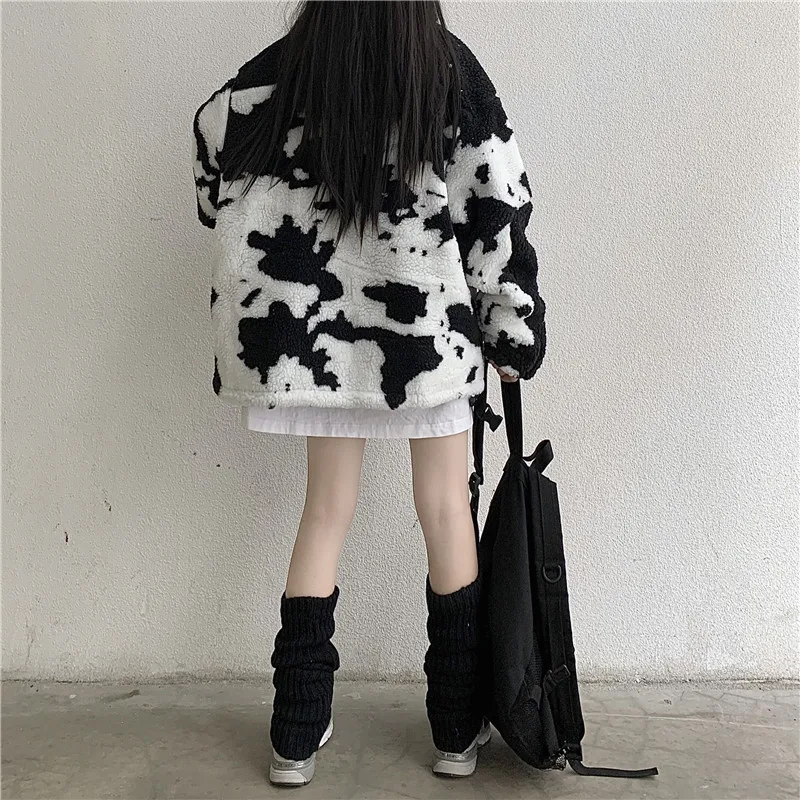 Kórejský Zimné Nový Kabát Harajuku Štýl Kravy Tlač Voľné Celý Rukáv Ovčej Vlny Bunda Vintage Udržať V Teple Zahustiť Bavlnené Oblečenie
