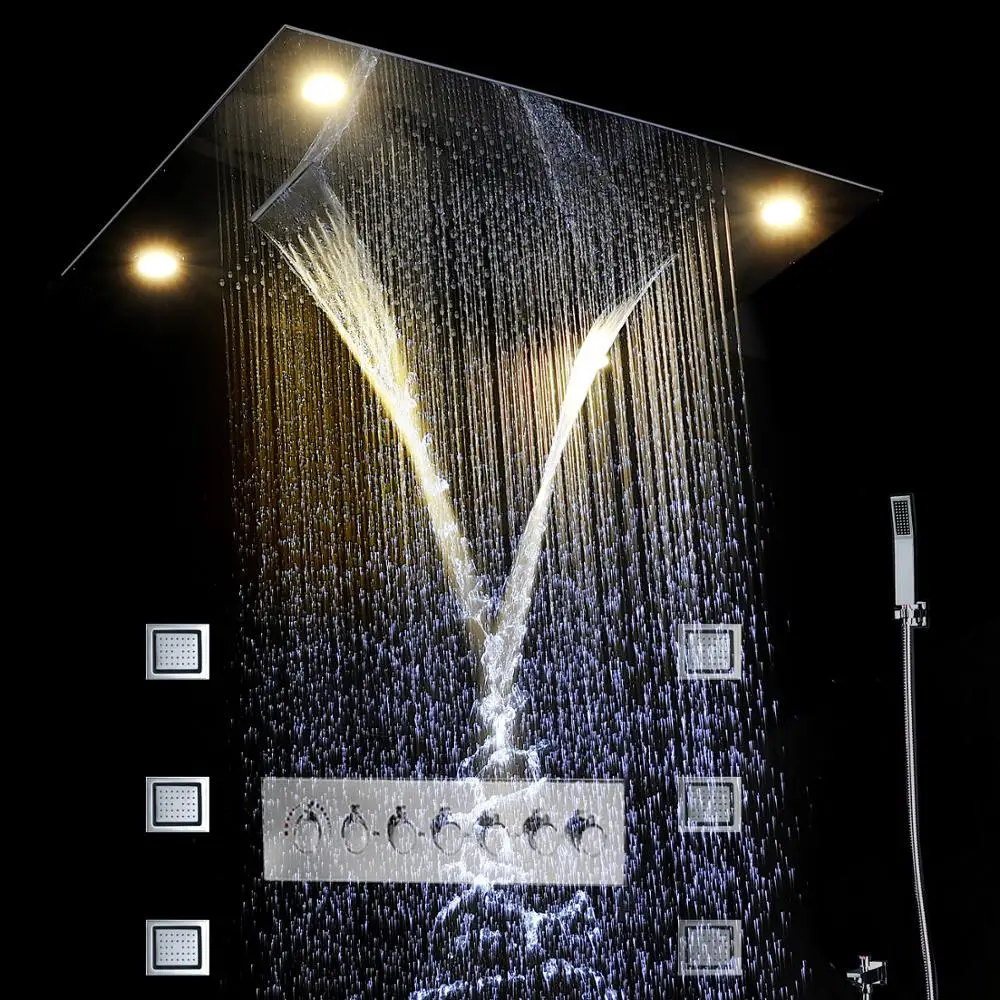 Kúpeľňa Luxusné Extra Veľké 600*600 mm z Nehrdzavejúcej Ocele, LED Top Sprej Termostatické Skryté Dážď Sprej Vodopád Sprcha Set