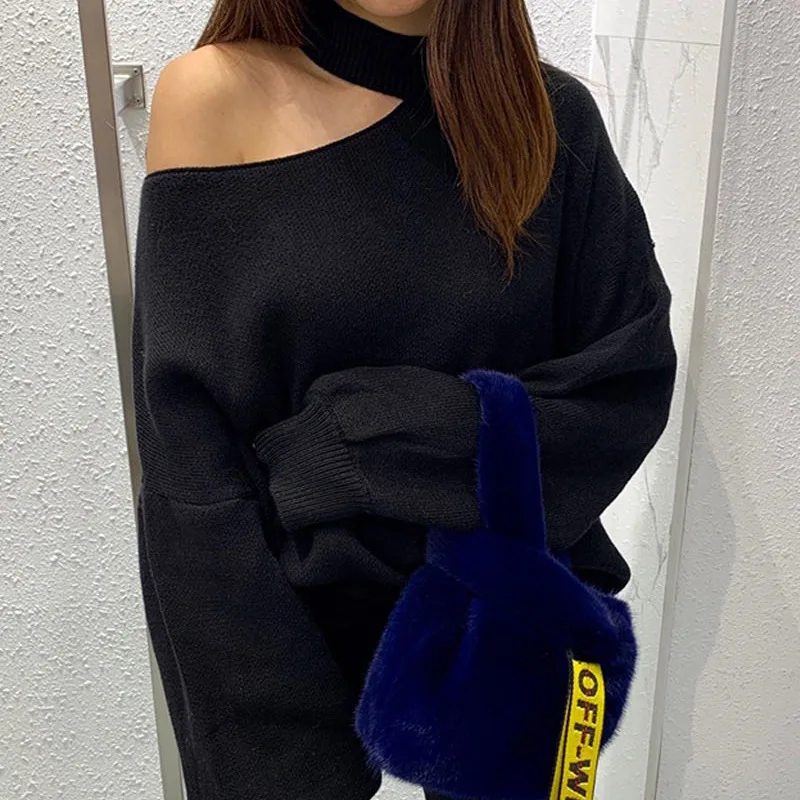 LANMREM Južná Kórea skoro na jar nový produkt očarujúce non-záverečný sexy single-ramenný duté off-ramenný strednej dĺžky sveter