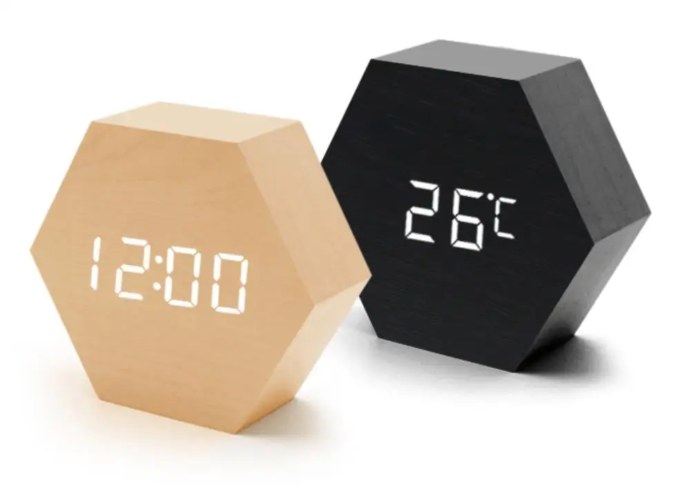 LED hexagon, drevené hodiny, noc, svetlo, budík, mnohouholník hodiny, krásne stlmiť.