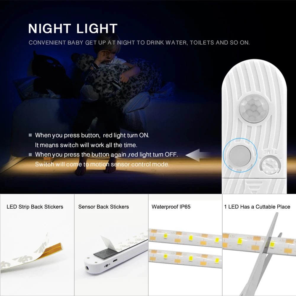 LED Kabinetu Svetelný Senzor Pohybu 1M 2M 3M Pod Posteľ, Schodisko, Šatník Pásky 5V USB LED Pásy Skrine, Kuchyne, Nočné Svetlo Lampy