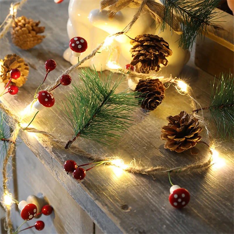 LED Reťazec Víla Svetlo Vianočné Borovice Kužele Pobočky Červené Korálky Hviezdy Drevo, Umelý Kvet Garland Domov DIY Prípade Dekorácie