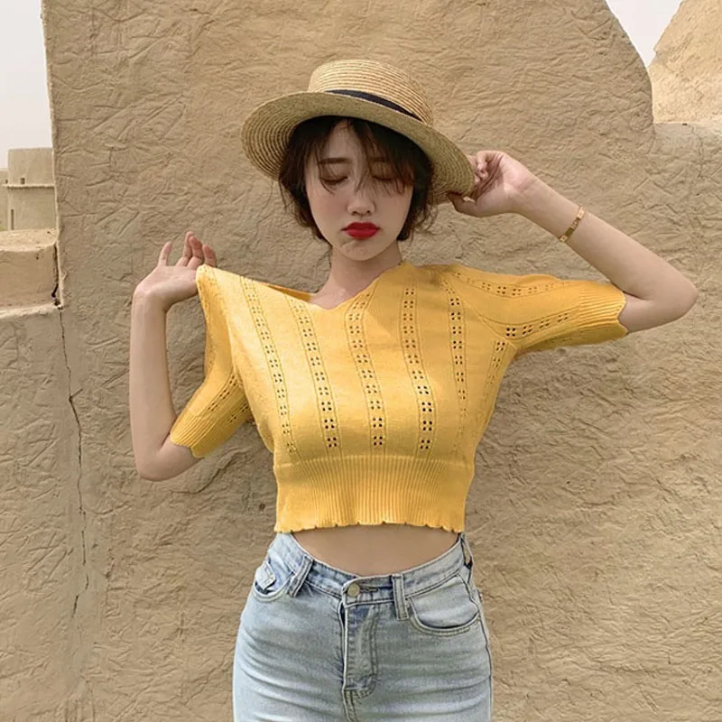 Letná Tenká tvaru Pletené Ženy Tričko Farbou Chudnutie-Krátke rukávy kórejský Štýl Tee Tričko M