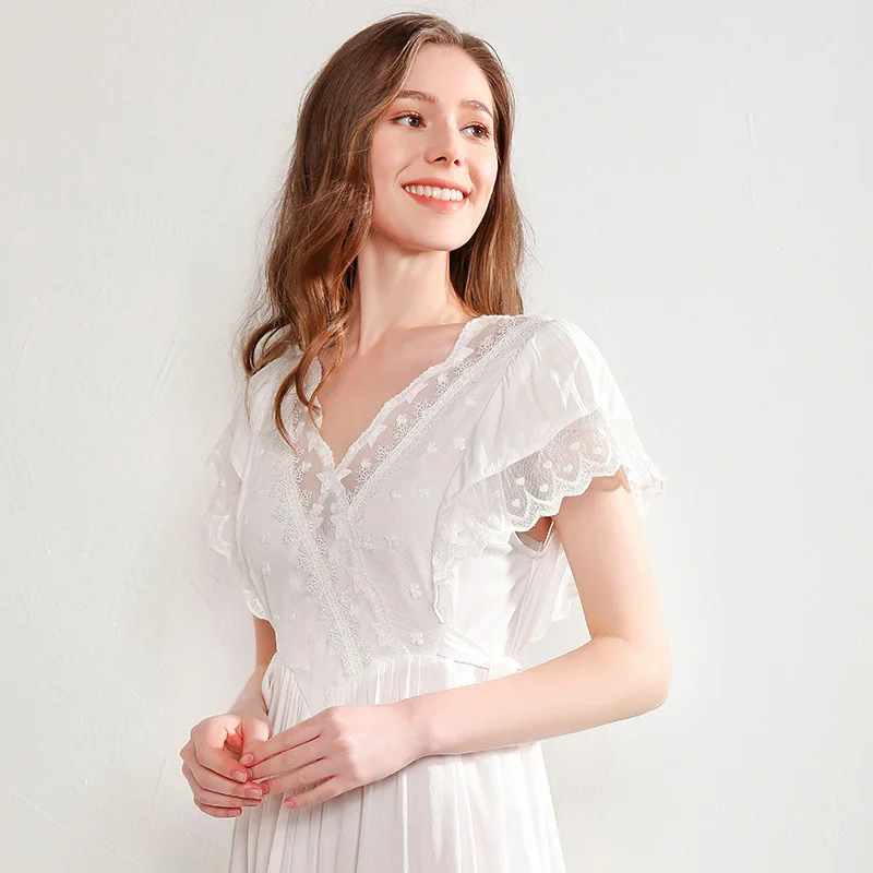 Letné dámske Viskóza Krátky Rukáv, Dlhé Nightgowns Vintage Princezná Biele Čipky Sladké Sleepwear Voľné Pohodlné Nočné Šaty
