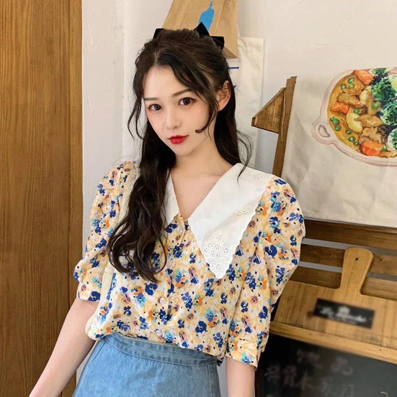Letné kórejský Kvetinový topy, Blúzky Klope Krátky Rukáv, Vyšívané Tričko blusas mujer de moda 2020 Ženy