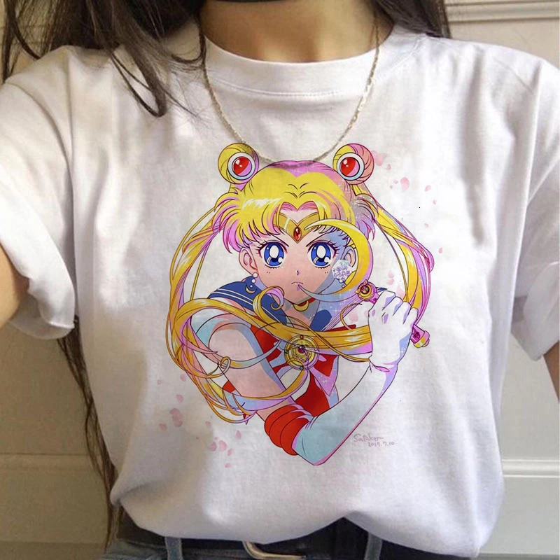 Letné T-shirt dámske Harajuku Oblečenie Tričko Sailor Moon Vtipné tričko Estetické Mačka Anime Ženy Roztomilý Žena Tričko Kawaii Top