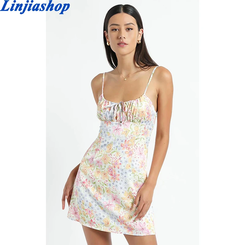 Letné ženy mini šaty špagety popruhy slim kvetinový tlač ruched podšívka spring beach krátke šaty dámske