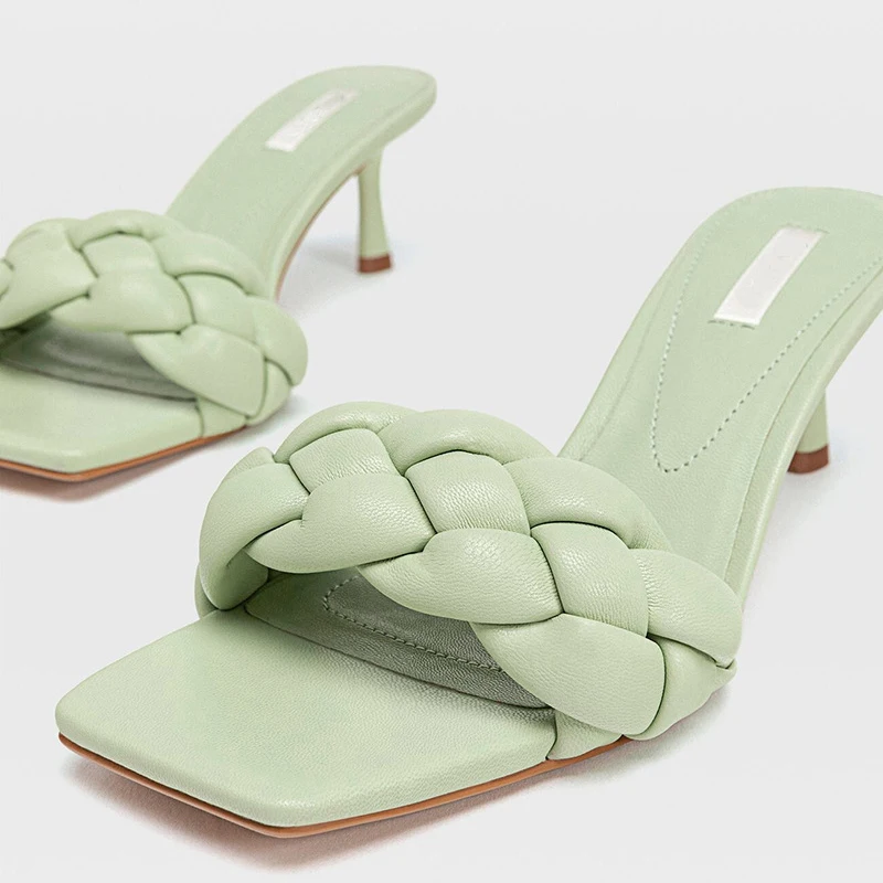 Luxusné Značky Dizajnér 2020 Tkaných Vysoké Podpätky, Topánky Žena Väzbe Kožené Papuče INY Ženy Štvorcové Prst Ženy Sandále Tkaných Femme