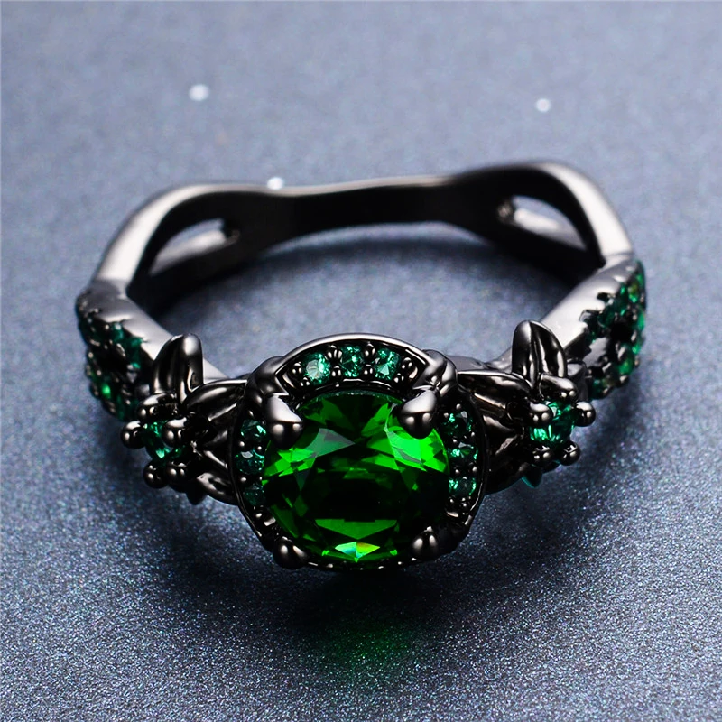 Luxusné Žena Zelená Kolo Kamenný Kruh Kúzlo 14KT Čierne Zlato Snubné Prstene Pre Ženy Sľub Lásky Kvet Zásnubný Prsteň