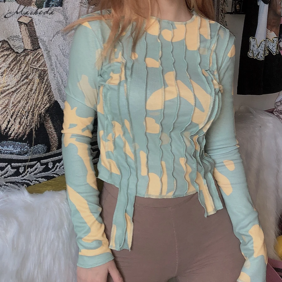 Macheda Tlač Ženy Tričko Patchwork Dlhý Rukáv O Krk Slim Streetwear Tees 2019 Jeseň Pani Móda Pruhované Oblečenie Nové