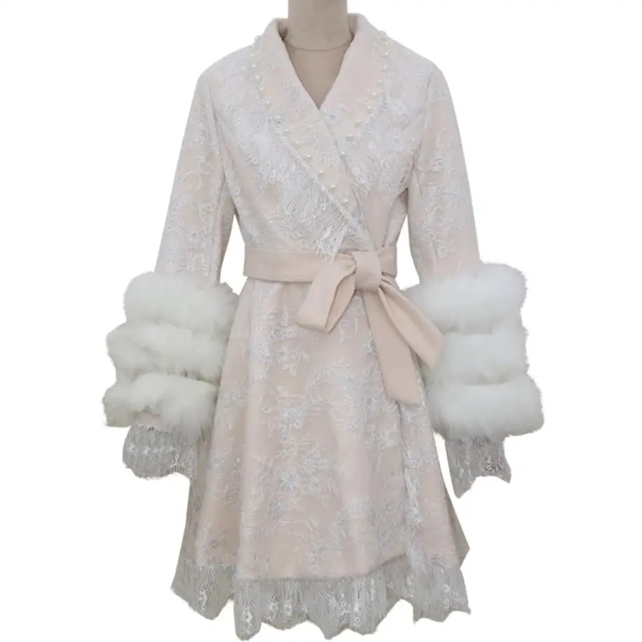 Malé vôňa Ženy Vintage Korálkové Vlny s Čipkou Opasok Imitácia Fox Kožušinový Kabát pre Ženy Vlnené Kabáty Ružová