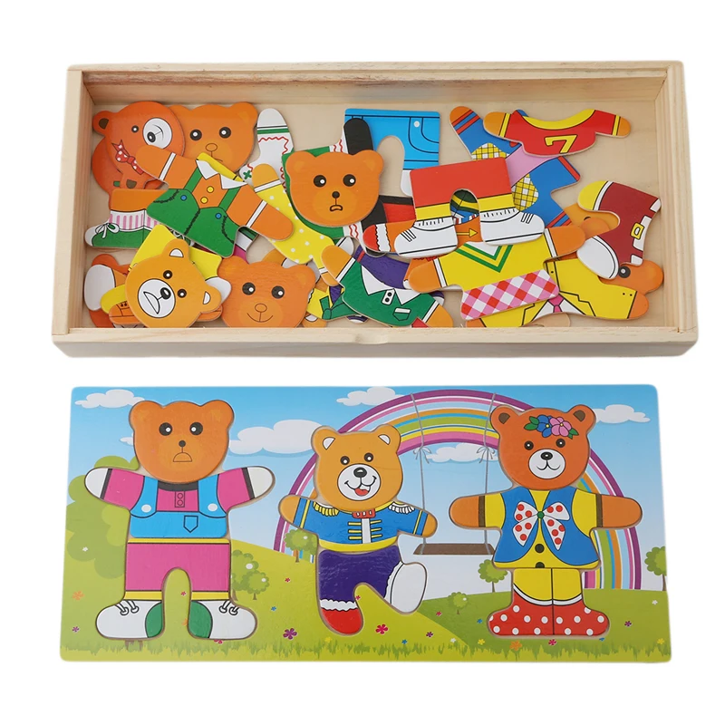 Malý medveď meniť oblečenie Detí raného vzdelávania Drevená skladačka Puzzle Obväzu hra, Detské Drevené Puzzle, hračky