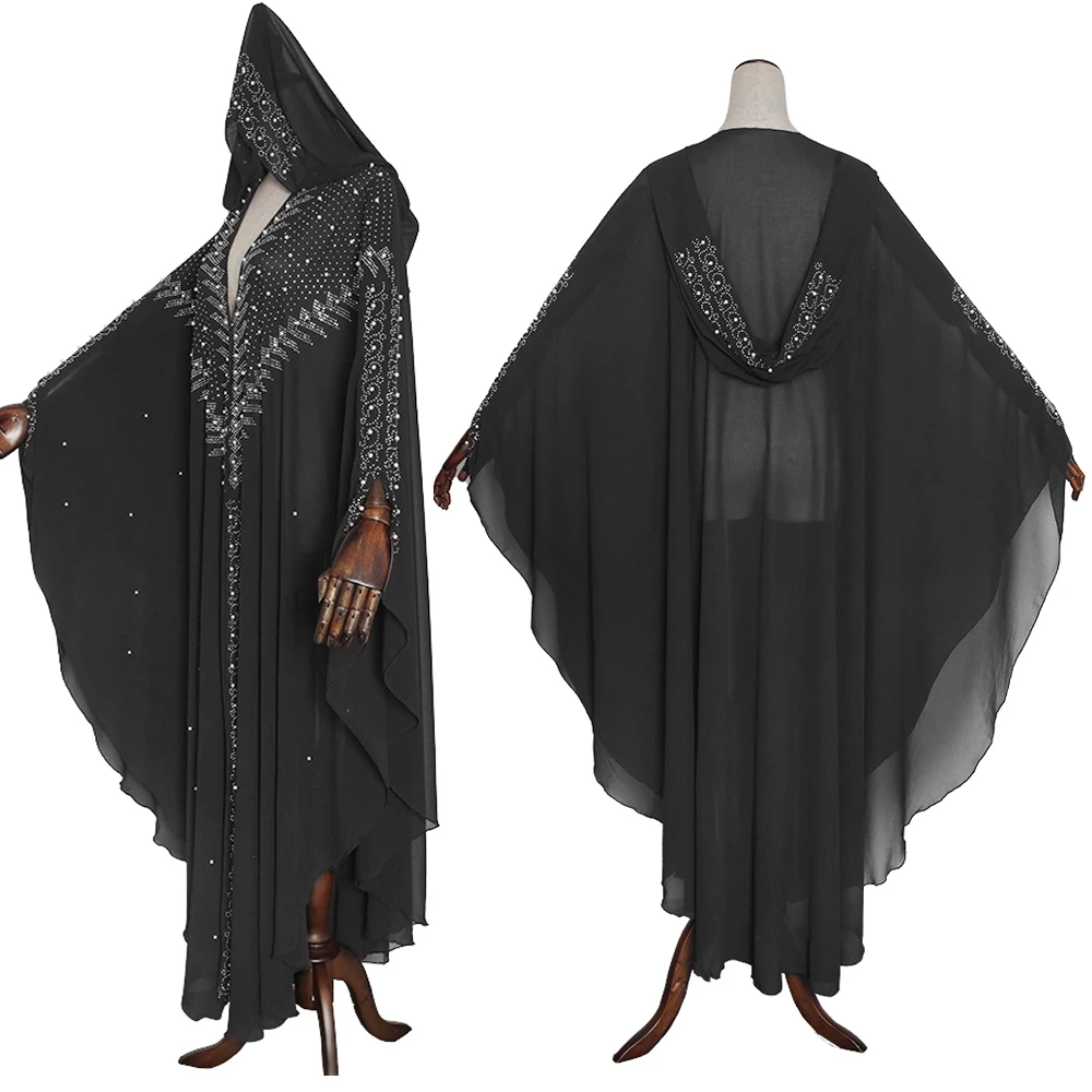 MD Moslimských Kaftan Abaya Šaty Kimono Ženy Dubaj Otvoriť Abayas turecký Kamene Šifón Šaty s Kapucňou Elegantné Afriky Plus Veľkosť Boubou