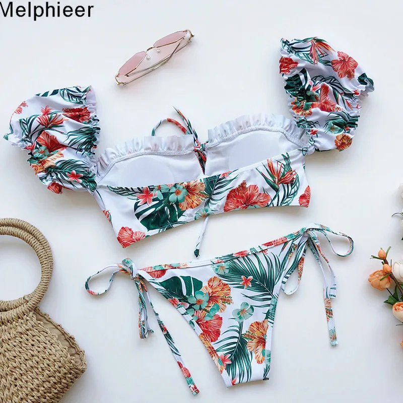 Melphieer Dva-kus ženy ruched lístkového bikini 2020 lete brazílske bikiny bandeau nastaviť väzby prednej strane plavky kúpacie plavky