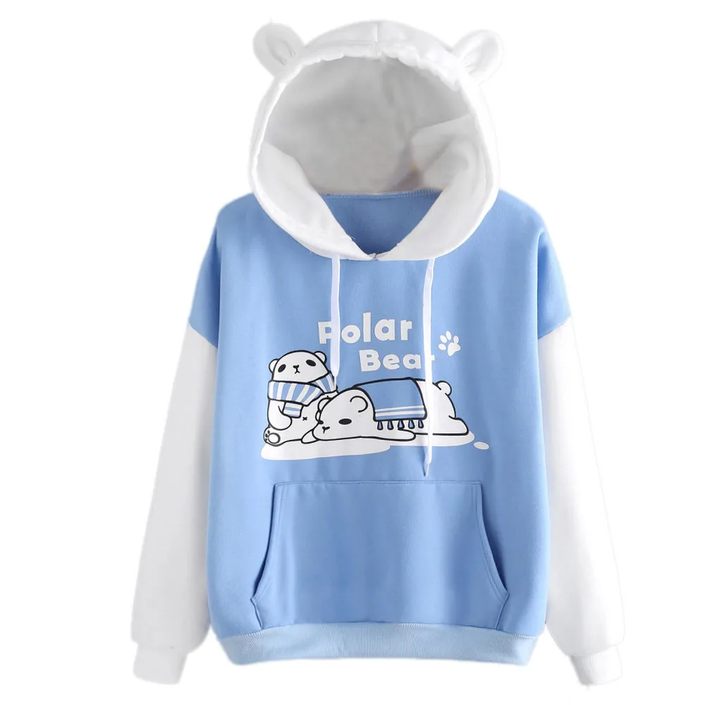 Mikina hoodies Ženy 2021 Patchwork mačka ucho, Dlhý Rukáv Polar Bear SPP Tlač Klokan Kapucňou pulóvre Jeseň jar moletom