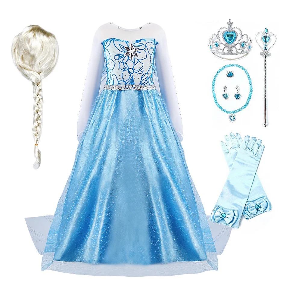 Milé Dievčatá Elsa Dlhé Šaty Deti Halloween Kostým Princezná Pre Deti Snehová Kráľovná Modrá Maškarný Vianoce, Karneval, Party Šaty